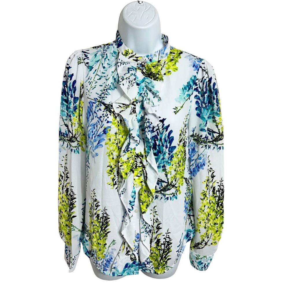 Worthington Floral Long-Sleeve Blouse Sz Small Button Front Ruffle Career Office - Picture 5 of 5